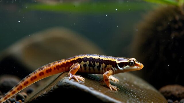 Newt resting underwater among algae-covered rocks with a subtle tail flick in still water