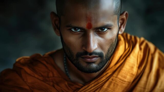 Indian man with facial markings and shaved head, reflecting deep spirituality and wisdom.