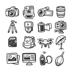 Doodle set: camera equipment and accessories icons.