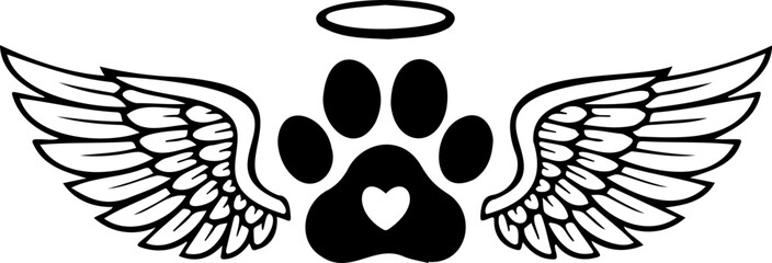 Minimalist Dog Paw Print with Angel Wings and Halo Vector Illustration - Pet Memorial, Bereavement, and Animal Heaven Tribute Concept