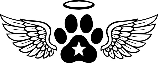 Minimalist Dog Paw Print with Angel Wings and Halo Vector Illustration - Pet Memorial, Bereavement, and Animal Heaven Tribute Concept
