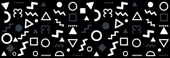 Seamless Black and White Memphis Geometric Icon Pattern Background