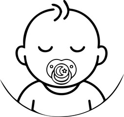 Minimalist Line Art Vector Icon of a Sleeping Baby with a Pacifier, Stars, and Clouds Concept for Nursery Decor, New Born Announcements, and Parenting Graphics