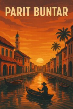 Traditional architecture lines a calm canal in Parit Buntar where boats drift under an orange sunset sky with a silhouette of a local man rowing