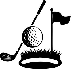 Minimalist Circular Golf Icon with Ball, Club, and Flag in Hole - Vector Illustration for Sports Branding, Tournament Logo, and Leisure Activity Concept