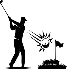 Black Silhouette Vector Illustration of a Golfer Hitting a Ball Toward the Flag - Professional Golf Swing, Sports Action, and Hole-in-One Concept