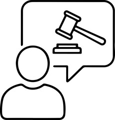 Minimalist Line Art Vector Icon of a Person with a Speech Bubble Containing a Judge Gavel - Concept for Legal Advice, Law Consultation, and Justice System