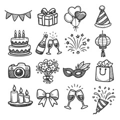Festive celebration elements including cake, balloons, gifts, and more in doodle style.