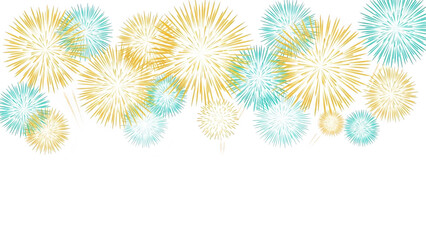Colorful fireworks display with blue and yellow explosions isolated on transparent background