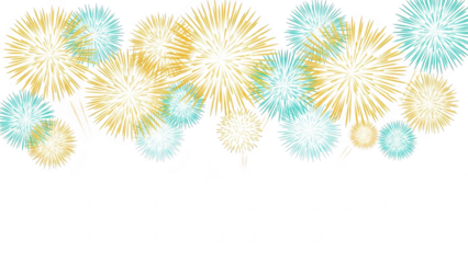 Colorful fireworks display with blue and yellow explosions isolated on transparent background