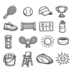 Tennis icons: rackets, balls, nets, trophies, and accessories in black and white.
