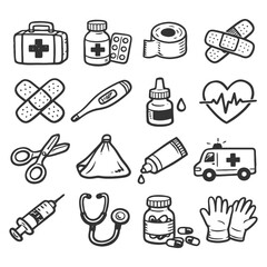 Medical icons: first aid kits, medicines, bandages, and healthcare tools illustrated.