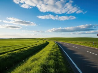 Obraz premium Asphalt road stretching through green field on sunny day