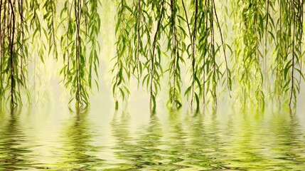 Graceful Weeping Willow Branches in Still Water, Teardrop Ripple Patterns, Misty Morning Atmosphere, Soft Green Palette