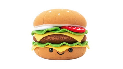 Cute plush hamburger with smiling face and sesame seeds on bun plush toy stuffed burger isolated on a transparent background