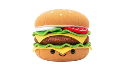 Cute plush hamburger with smiling face and sesame seeds on bun plush toy stuffed burger isolated on a transparent background