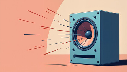 speaker emitting sound waves, dynamic motion with vibrant lines, in a minimalist style, representing music and sound, concept audio, with copy space