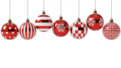 Seven red christmas ornaments hanging on white isolated on transparent background
