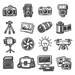 Hand-drawn camera and photography equipment icon set with tripod and drone.