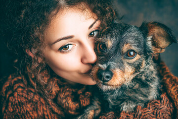 Owners show pure affection as dog licks owner's face in cozy setting Generative AI