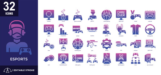 Esports glyph gradient icon set	