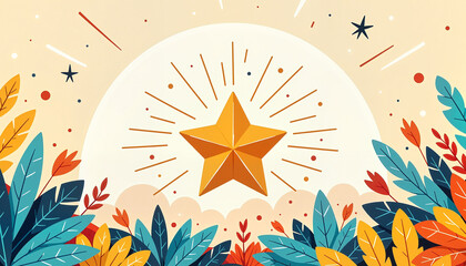 colorful geometric star surrounded by vibrant foliage with sunburst design representing achievement and creativity, concept inspiration