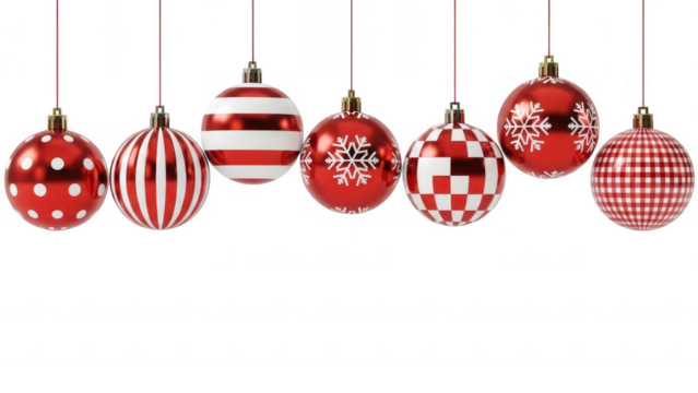 Seven red christmas ornaments hanging on white isolated on transparent background - Powered by Adobe
