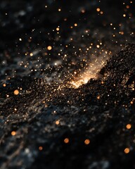 Close-up of glowing orange embers and sparks rising from a dark, textured surface