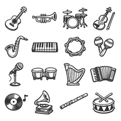 Variety of musical instruments: guitar, trumpet, drums, violin, saxophone, keyboard, tambourine, maracas.