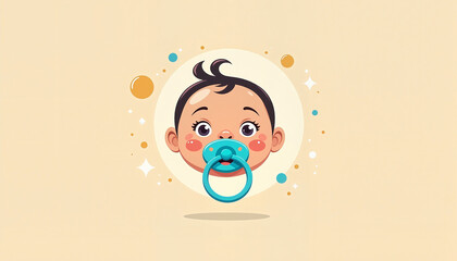 cartoon baby with pacifier surrounded by colorful bubbles and stars, concept infant care, fun and playful style