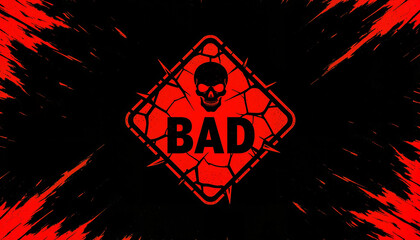 danger warning sign featuring a skull and the word bad on a contrasting red and black background for caution and awareness purposes