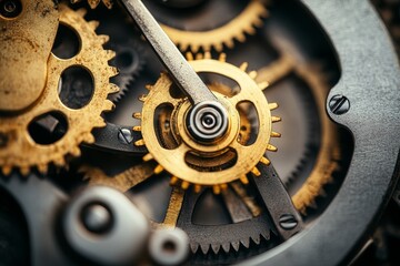 Close-up of golden and silver gears in a mechanical watch movement, showcasing precision engineering
