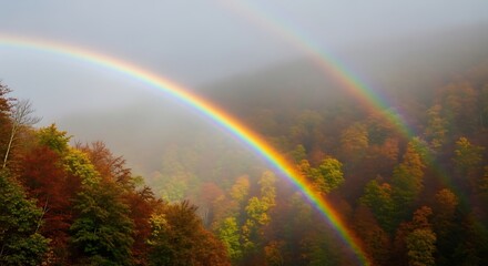 Fototapeta premium Double Rainbow Over Autumnal Forest - A Colorful Natural Spectacle.