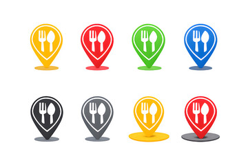 Set of 3D restaurant location map pins (fork and spoon icons) in multiple colors: yellow, red, green, blue, and grey. Navigation concept.