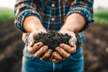 Holding fresh black soil with hands in a vibrant garden setting Generative AI