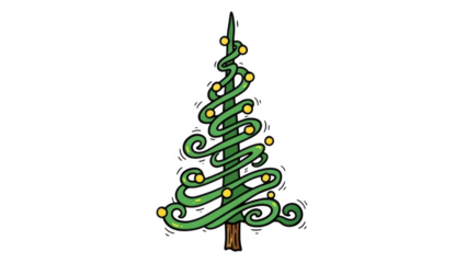 Whimsical green christmas tree with swirling branches and festive ornaments illustration isolated on transparent background
