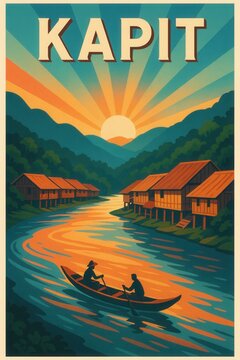 Two people paddle a canoe on a colorful river in Kapit, Malaysia, surrounded by wooden stilt houses and lush green hills under a vibrant orange sunset sky