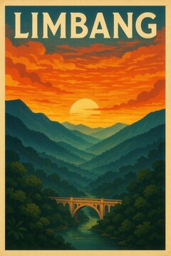 A scenic arched bridge crosses a forested valley in Limbang, Malaysia, framed by lush mountain ranges and dramatic red-orange sunset clouds above the river below