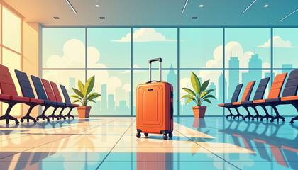 orange suitcase positioned in an airport lounge with modern seating and large windows showcasing city skyline, concept travel and adventure