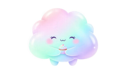 Cute Pastel Cloud Character Holding a Small Cupcake rainbow isolated on a transparent background