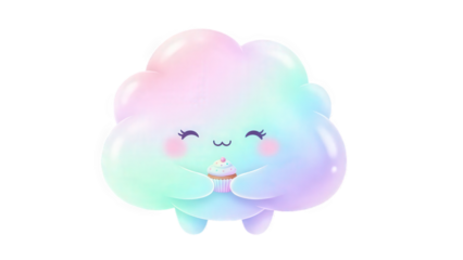 Cute Pastel Cloud Character Holding a Small Cupcake rainbow isolated on a transparent background