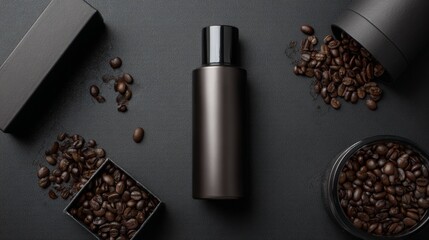Black bottle with coffee beans on dark surface for premium cosmetic and coffee infused product branding concept