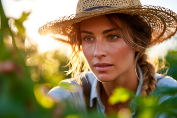 Female farmer inspects tomato plants during golden hour in summer garden Generative AI