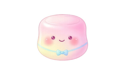 Adorable pink and yellow marshmallow character with a blue bow tie on a white background cute sweet isolated on a transparent background