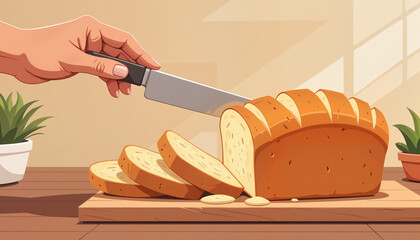 hand slicing a freshly baked loaf of bread on a wooden cutting board with green plants in the background, concept home baking