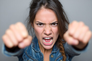 Strong woman displays anger with fists raised in fierce expression Generative AI