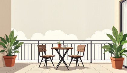 minimalistic balcony setup with two wooden chairs and a small table surrounded by potted plants, ideal for relaxation or casual meetings