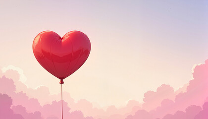 red heart-shaped balloon floating in a pastel sky above soft clouds, representing love and affection, with copy space