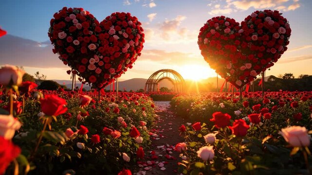 Romantic rose garden at sunset featuring heart shaped rose bushes with a wooden structure and a path covered in fallen petals.