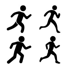 Four black silhouette stick figures illustrating dynamic running poses on a white background